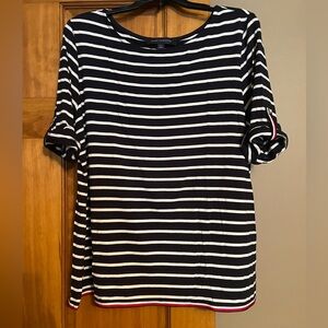 Tommy Hilfiger Navy and White Striped Tee with Red Accents